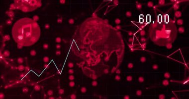 Dünya üzerinde ikonlarla veri işleme animasyonu. Küresel iş ve dijital arayüz kavramı dijital olarak oluşturulmuş video