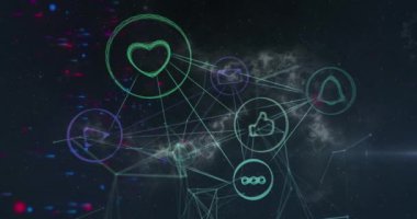 Siyah arkaplandaki simgelerle olan bağlantıların üzerindeki mavi noktaların animasyonu. Veri işleme, ağ ve teknoloji konsepti dijital olarak oluşturulmuş video.