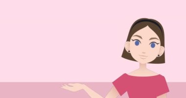 Animation of caucasian businesswoman making presentation on pink background. Communication and business concept digitally generated video.
