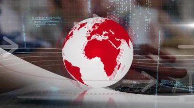 Animation of globe, arrows and data processing over blurred people and laptop. Global network, data processing and technology concept digitally generated video.