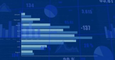 Animation of diverse graphs and financial data on blue background. Global finance, money and economy concept digitally generated video.
