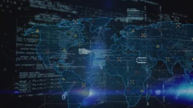 Animation of data, icons and world map on black background. Global network, computers, data processing and technology concept digitally generated video.