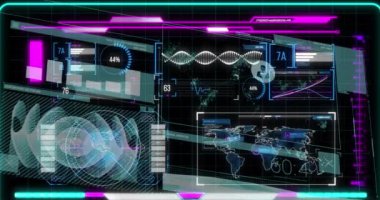 Siyah dijital ekrandaki grafiklerin ve bilimsel verilerin animasyonu. Dijital olarak oluşturulmuş küresel veri işleme, finans ve dijital arayüz kavramı.