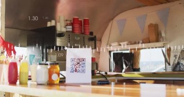 Animation of graphs over bar countertop. Business, food, finance and economy concept digitally generated video.