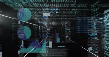 Siyah dijital ekranda grafiklerin, verilerin ve ışıkların animasyonu. Dijital olarak oluşturulmuş küresel veri işleme, finans ve dijital arayüz kavramı.