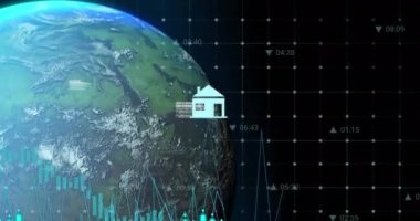 Siyah arkaplanda veri, grafik, simge ve dünya animasyonu. Küresel finans, veri, ekonomi ve teknoloji konsepti dijital olarak oluşturulmuş video.