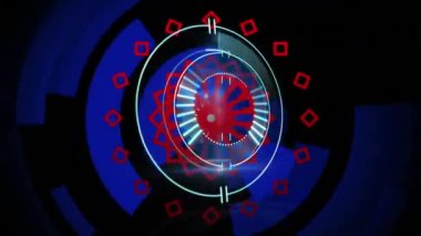 Siyah ve mavi arka planda küre, işlem çemberi ve kırmızı şekillerin animasyonu. Dijital olarak oluşturulan küresel ağ ve teknoloji konsepti.