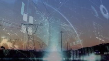 Günbatımında elektrik direklerinin üzerinde veri ve küreyle dijital ekranın animasyonu. Dijital arayüz, veri işleme ve teknoloji konsepti dijital olarak oluşturulmuş video.