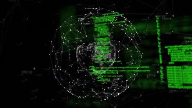 Verili dijital ekran animasyonu ve bağlantıları olan dünya. Dijital arayüz, veri işleme ve teknoloji konsepti dijital olarak oluşturulmuş video.