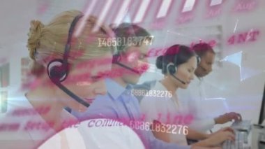 Animation of graphs, globe and data over diverse call center workers. Business, finance and economy concept digitally generated video.