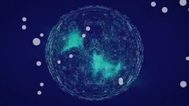 Dünya üzerinde beyaz noktaların ve siyah arkaplanda mavi ışığın animasyonu. Küresel teknoloji, bilgisayar ve dijital arayüz kavramı dijital olarak oluşturulmuş video.