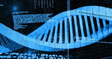 Karanlık arka planda tıbbi veri işleme animasyonu. Küresel tıp, teknoloji, veri işleme ve dijital arayüz kavramı dijital olarak oluşturulmuş video.