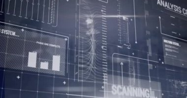 Şehir manzarası üzerinde veri işleme animasyonu. Küresel teknoloji, bilgisayar ve dijital arayüz kavramı dijital olarak oluşturulmuş video.