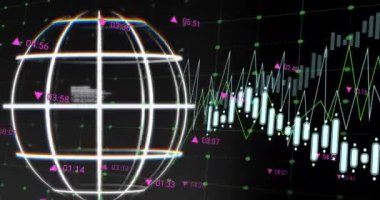 Siyah arkaplanda veri, grafik ve küre animasyonu. Küresel finans, veri, ekonomi ve teknoloji konsepti dijital olarak oluşturulmuş video.