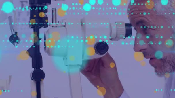 Animation Falling Dots Caucasian Eye Doctor Patient Global Medicine Technology — Vídeo de stock