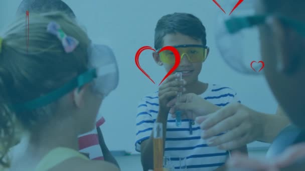 Animation Hearts Falling Diverse Group Student Laboratory Learning Education Concept — Stockvideo