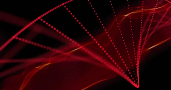 Image of red particles forming curved structure over undulating red smoke on black background. Communication technology, abstract digital interface background concept digitally generated image.