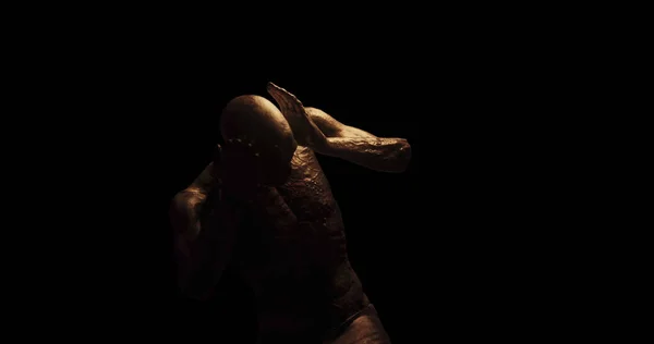 Image Distressed Shirtless Bald Figure Holding Head Pain Dark Room — Photo