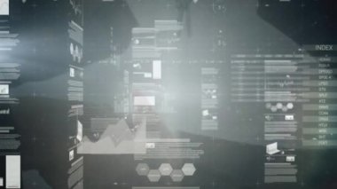 Çeşitli insanların el sıkışması üzerine veri işleme animasyonu. Küresel teknoloji, bilgisayar ve dijital arayüz kavramı dijital olarak oluşturulmuş video.