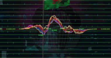 Galler bayrağı ve dönen küreye karşı finansal veri işleme animasyonu. Küresel finans ve iş teknolojisi kavramı