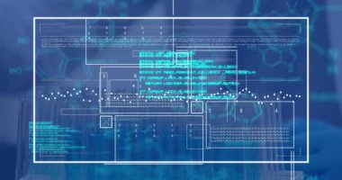 Animation of data on digital screen on blue background. Digital interface and technology concept digitally generated video.