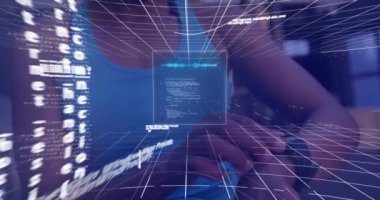 Animation of data processing over biracial woman with smartwatch. Global business and digital interface concept digitally generated video.