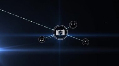 Işık noktalarının üzerindeki simgelerle bağlantı ağının animasyonu. Küresel iş ve dijital arayüz kavramı dijital olarak oluşturulmuş video.
