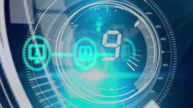 Animation of countdown over spots and media icons. Global business and digital interface concept digitally generated video.
