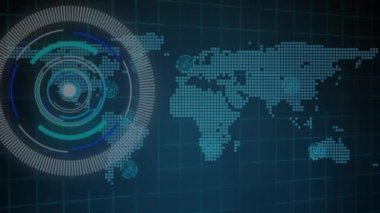 Dünya haritası üzerinde bağlantı ve tarama ağının animasyonu. Dijital olarak oluşturulmuş küresel bağlantılar, bilgisayar ve dijital arayüz kavramı.