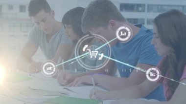 Animation of network of connections over diverse students learning. Global education and digital interface concept digitally generated video.