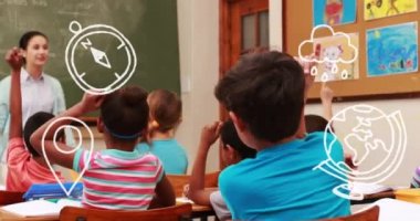 Kafkas kadın öğretmen ve çeşitli öğrenciler üzerine okul çizimlerinin animasyonu. Okul, eğitim ve öğrenim konsepti dijital olarak oluşturulmuş video.