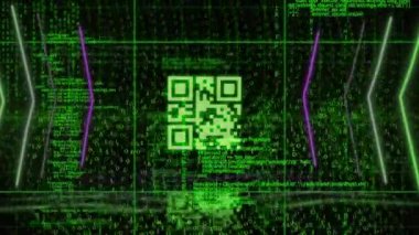 Veri işleme ve qr kodlarının siyah arkaplanda canlandırılması. Küresel iş ve dijital arayüz kavramı dijital olarak oluşturulmuş video.