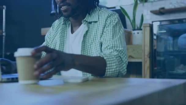 Animation Blue Ribbon Icon African American Man Drinking Coffee Using — Αρχείο Βίντεο