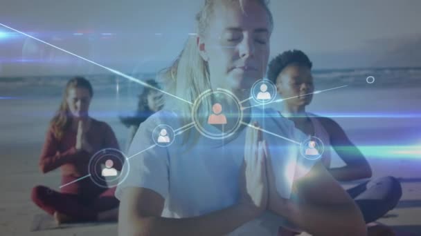 Animation Network Connections Icons Diverse Women Meditating Global Sport Digital — Wideo stockowe