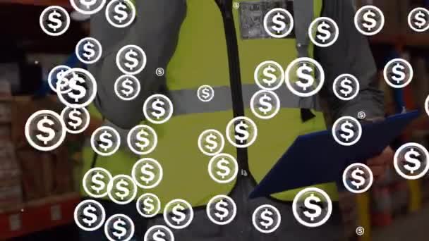 Animación Múltiples Símbolos Dólares Sobre Trabajador Masculino Caucásico Hablando Teléfono — Vídeos de Stock