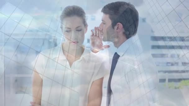 Digital Dots Interconnecting Expanding Caucasian Businessman Whispering Woman Ear Buildings — Vídeo de stock