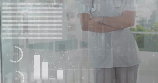 Animación Del Procesamiento Datos Sobre Doctora Caucásica Medicina Global Informática — Vídeos de Stock