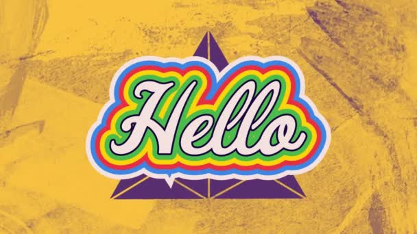 Animation Hello Text Yellow Shapes Purple Background Global Social Media — Video Stock