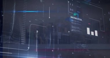 Şehir manzarası üzerinde veri işleme resmi. Küresel teknoloji, bilgisayar ve dijital arayüz kavramı dijital olarak oluşturulmuş görüntü.