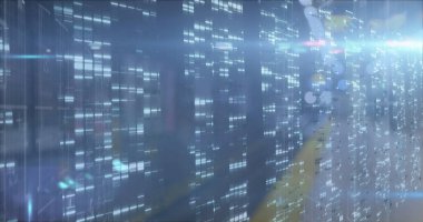 Şehir manzarası üzerinde hareket eden sütunların resmi. Küresel teknoloji, bilgisayar ve dijital arayüz kavramı dijital olarak oluşturulmuş görüntü.