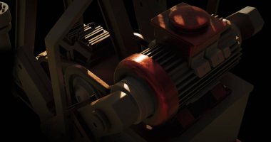 Manzara ve güneş üzerinde çalışan bir pompa görüntüsü. Küresel iş ve dijital arayüz kavramı dijital olarak oluşturulmuş görüntü.