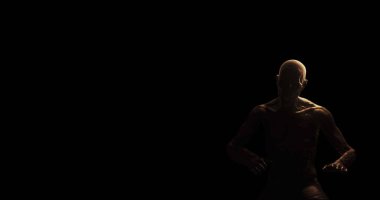 Karanlık odada başı ağrıyan, sıkıntılı, üstsüz, kel birinin görüntüsü. Korku, korku ve acı konsepti dijital olarak oluşturulmuş görüntü.