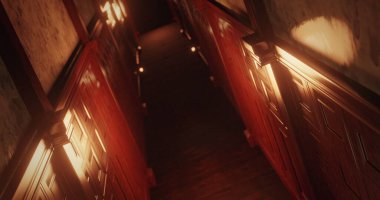 Korkunç karanlık iç kısımda eski ahşap panelli koridorun görüntüsü. Korku, korku ve gerilim konsepti dijital olarak oluşturulmuş görüntü.