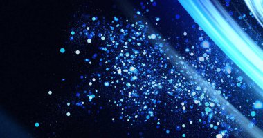 Image of blue lights over glowing blue and white particles floating on black background. Communication technology, abstract digital interface background concept digitally generated image.