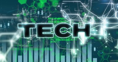 Mavi arka planda grafikler, veriler, teknoloji ve altıgenler. Maliye, ekonomi ve teknoloji kavramı dijital olarak oluşturulmuş görüntü.