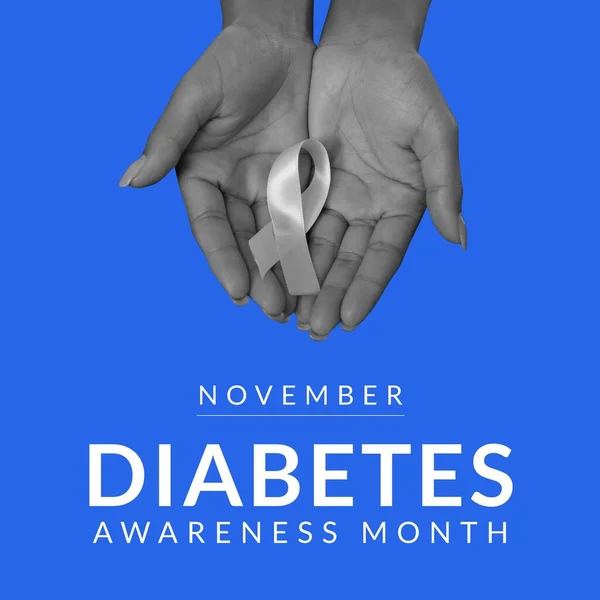 Image November Diabetes Awareness Month Hands Ribbon Blue Background Health — Stockfoto