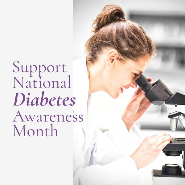 Image of national diabetes awareness month over caucaisan female lab worker with microscope. Health, medicine and diabetes awareness concept.