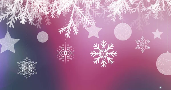 Image Snowflakes Baubles Violet Background Christmas Winter Tradition Concept Digitally — Fotografia de Stock