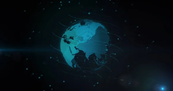 Image of network of connections over globe on black background. Global connections, networks and data processing concept digitally generated image.