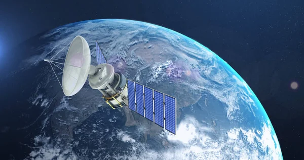 Зображення Супутника Над Глобусом Обертається Синьому Фоні Глобальні Язки Концепція — стокове фото